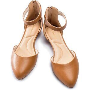 Women Tan Faux Leather Closed Pointed Toe Ankle Strap Low Wedge Heel Shoes